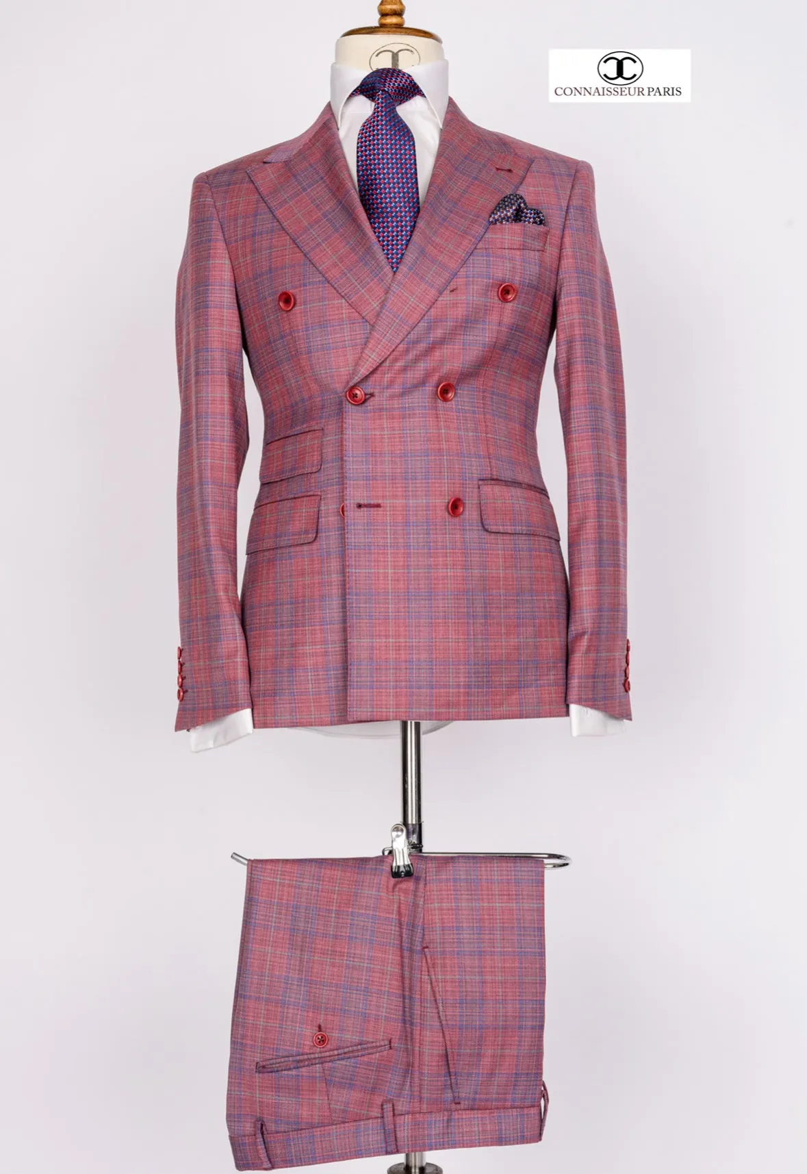 Zignone - Salmon pink checkered double breasted 2-piece slim fit suit with wide lapel