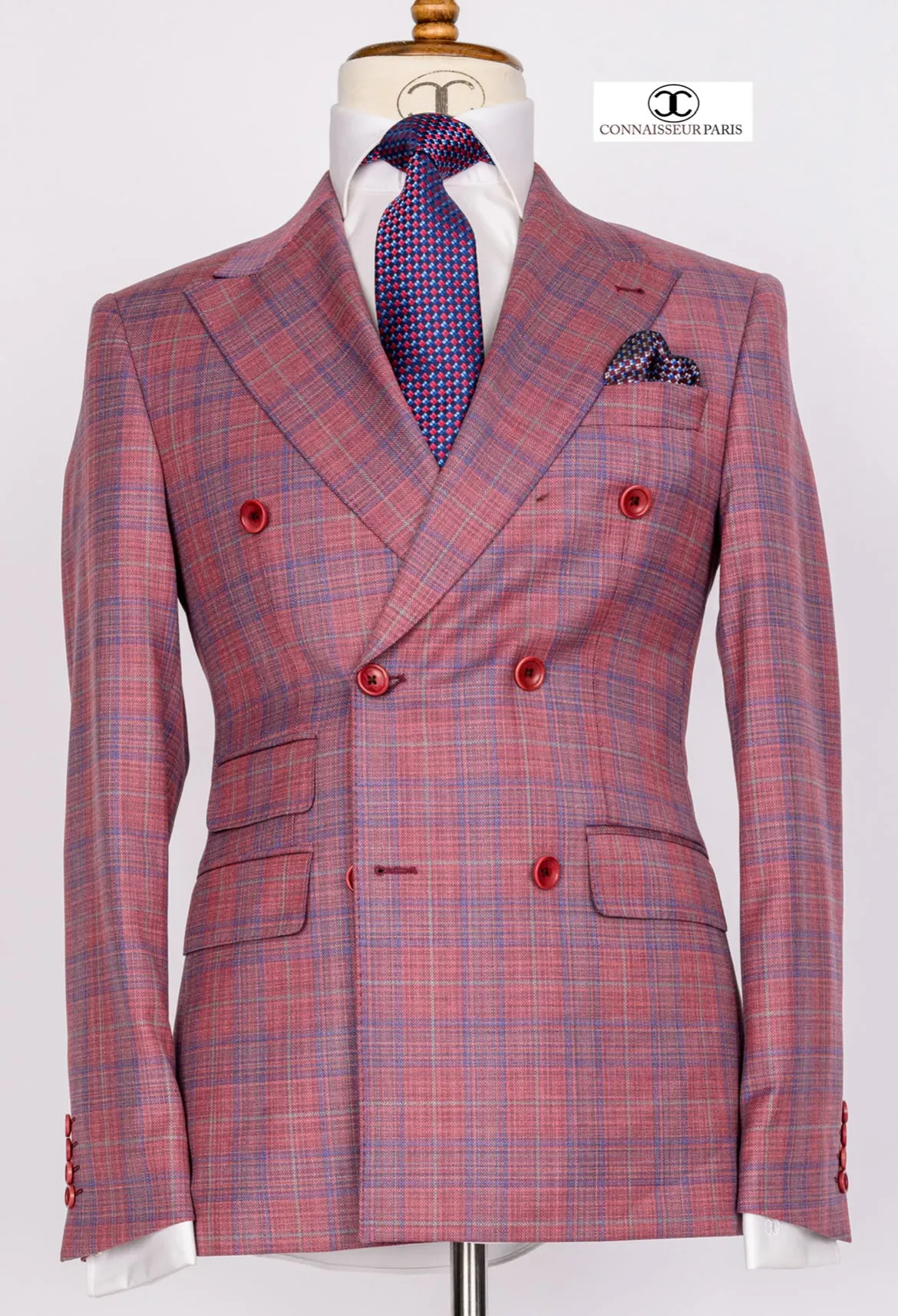 Zignone - Salmon pink checkered double breasted 2-piece slim fit suit with wide lapel